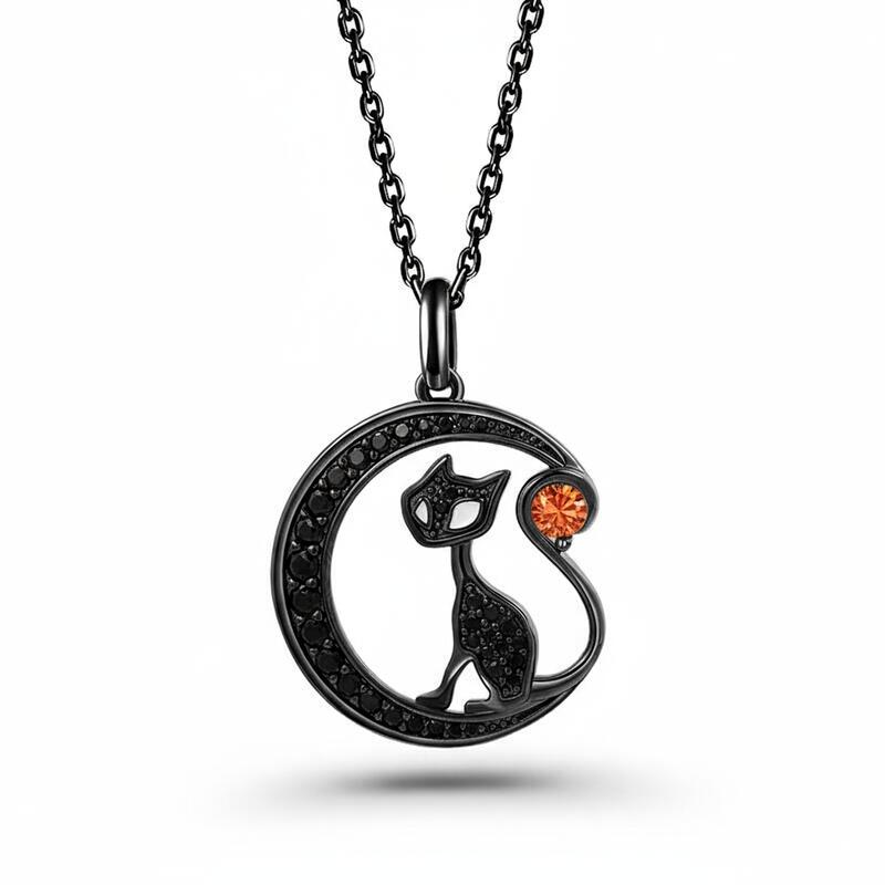 Jeulia "Black Cat on the Moon"Custom Birthstone Necklace
