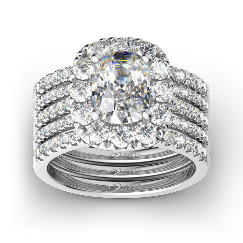 Jeulia 5PC Halo Cushion Cut Sterling Silver Ring Set