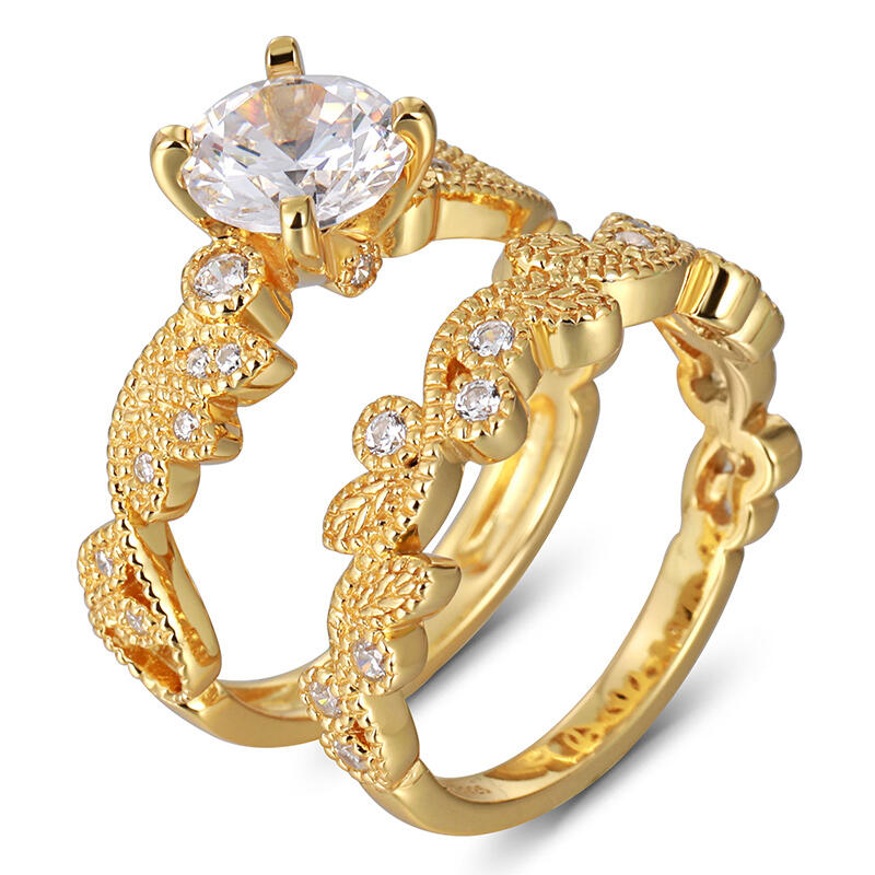 Jeulia Leaf-shaped Design Round Cut Sterling Silver Ring Set