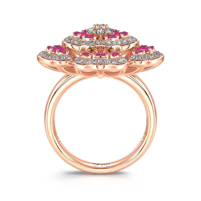Jeulia Anillo grande mujer de plata de ley en tono oro rosa en flor
