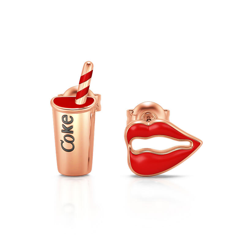 Jeulia Pendientes de botón con labios rojos y Coca-Cola de plata de ley