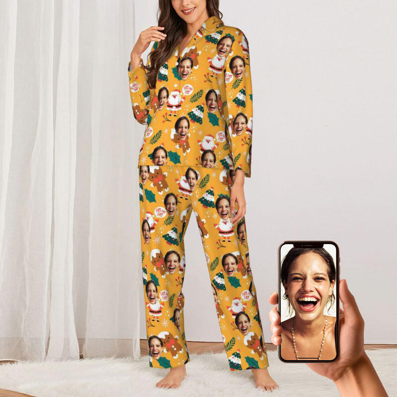 Pyjama personnalisé avec motif de bonhomme en pain d'épice et photo personnalisée, cadeau de Noël pour elle