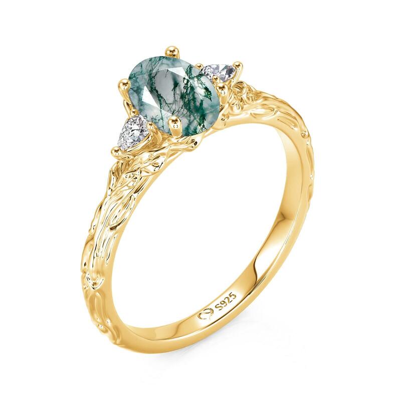 Jeulia Oval Three Stone Moss Agate Gold Wedding Ring