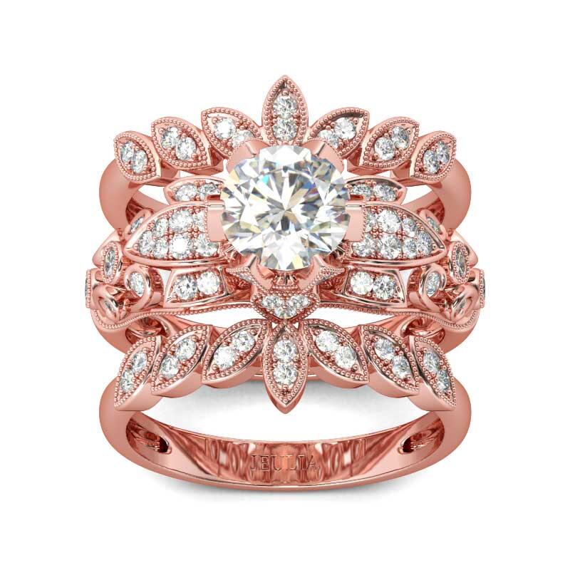 Jeulia Terno De Anillos De Plata De Ley Con Corte Redondo En Forma De Hoja