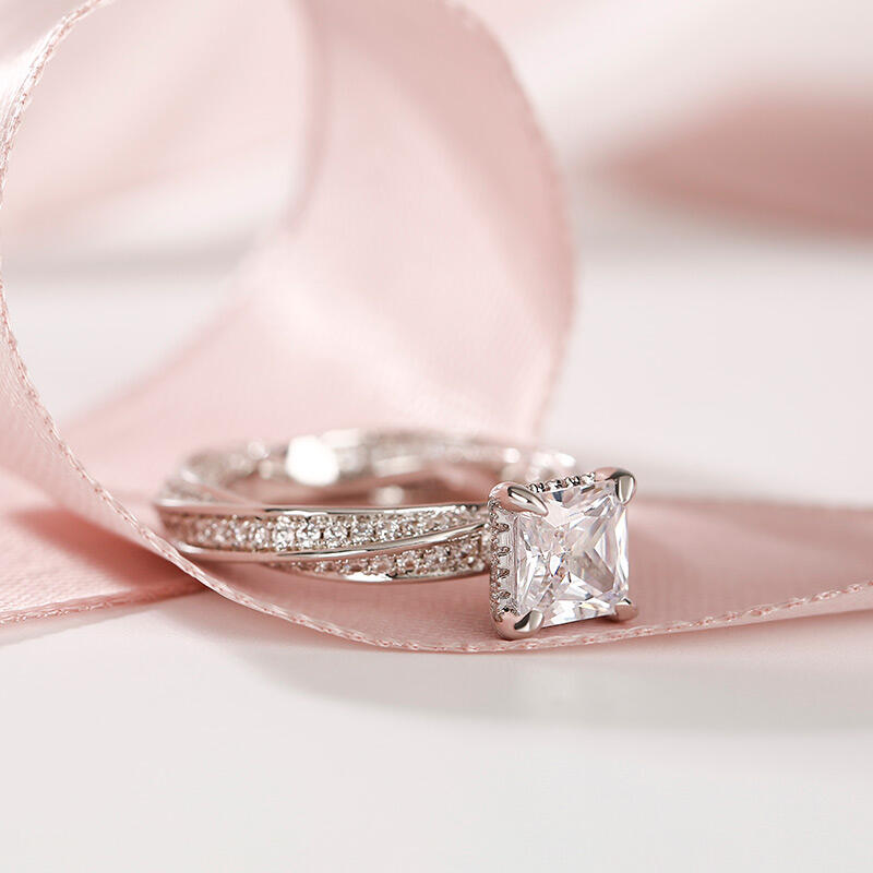 Jeulia Twist Design Princess Cut Sterling Silver Ring