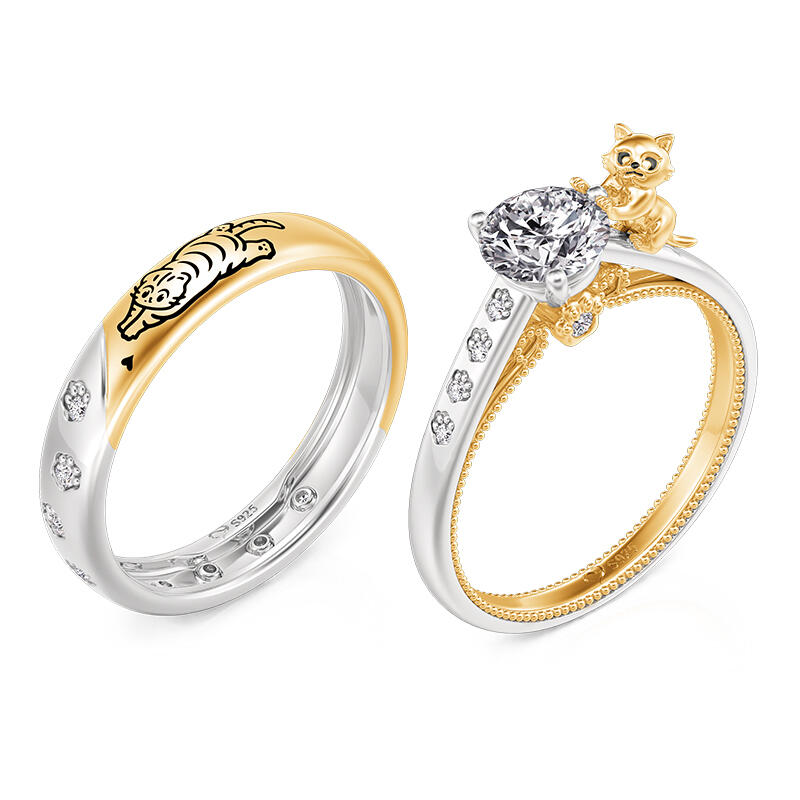 Jeulia Custom Cat and Paw Print Couple Rings Set