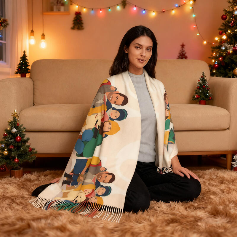 Op maat gemaakte sjaal met familiefoto in cartoonstijl Wintersjaal Kerstcadeau voor papa