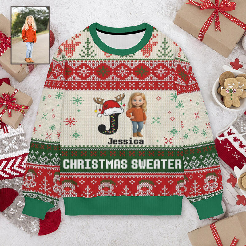 Personalized Ugly Sweater Unisex Custom Initial and Cartoon Photo Design Creative Christmas Gift for Family