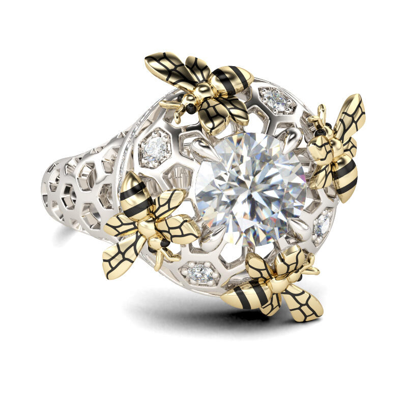 Jeulia Two Tone Bee Honeycomb Round Cut Sterling Silver Ring