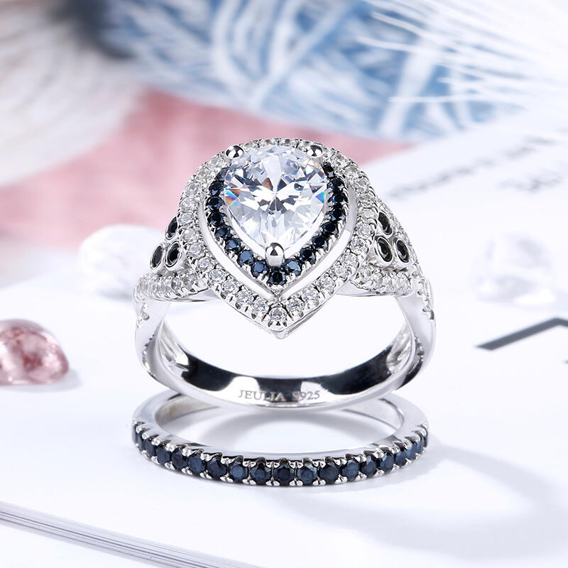 Jeulia Double Halo Pear Cut Sterling Silver Ring Set