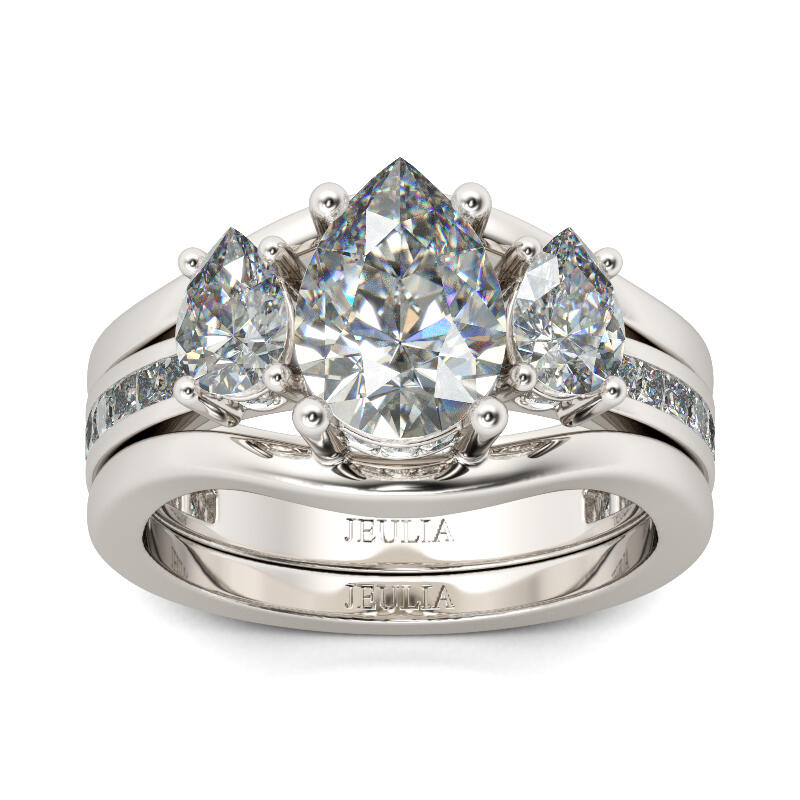 Jeulia Three Stone Pear Cut Sterling Silver Ring Set