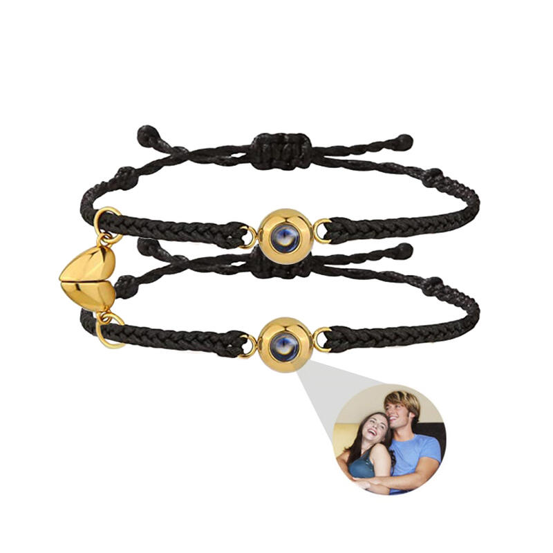 Bracciali con Foto Dentro Corda Nera con Magente a Cuore per Coppia