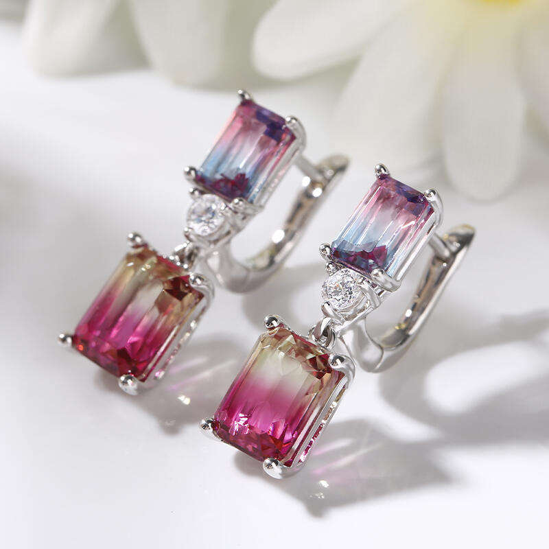 Jeulia Elegant Emerald Cut Watermelon Stone Sterling Silver Earrings