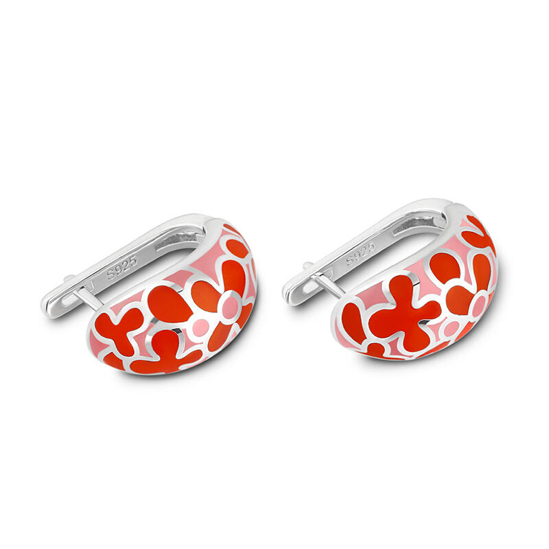 Jeulia Pendientes de aro con esmalte de flores rojas de plata de ley
