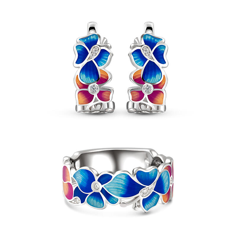 Jeulia "Born as the Flowers" Enamel Sterling Silver Jewelry Set