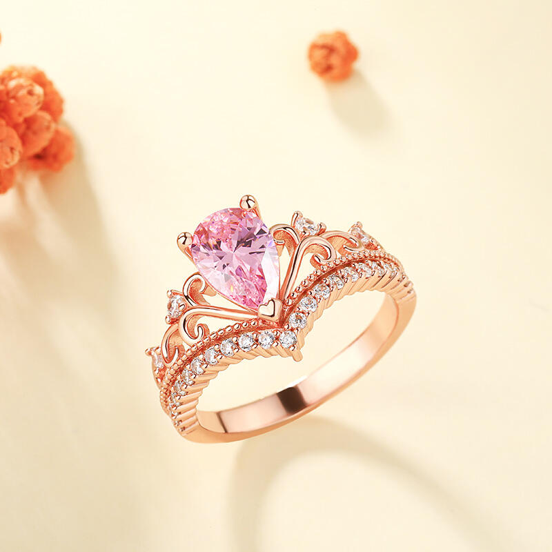 Jeulia Crown Pear Cut Synthetic Morganite Sterling Silver Ring