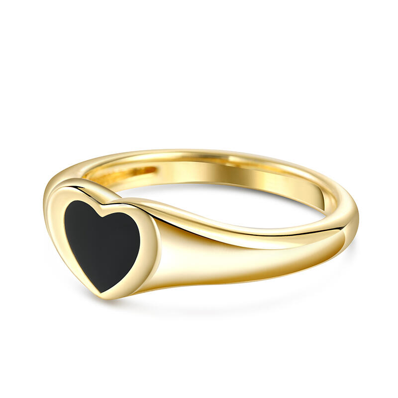 Jeulia Anillo Fino de Sello de Plata de Ley Pequeño Corazón Negro