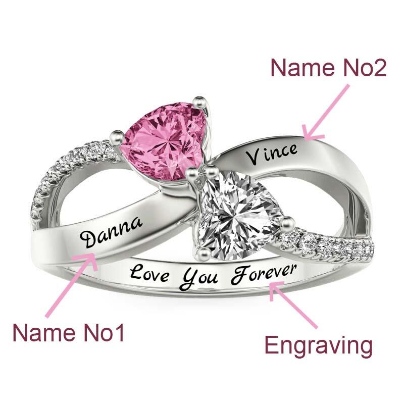 Jeulia Bague Double Cœur Personnalisée avec Gravure de Pierre de Naissance et Bande Infinity Torsadée