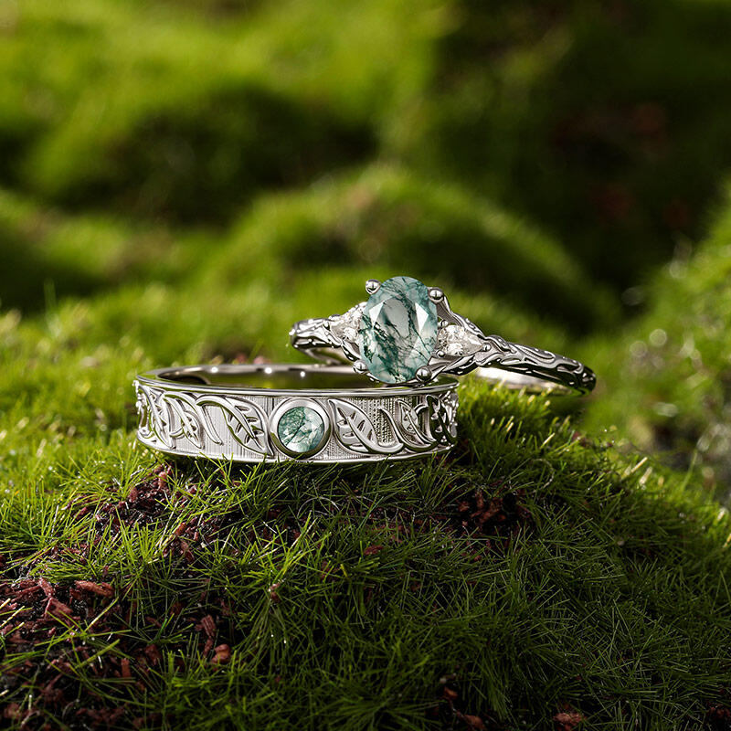 Jeulia Three Stone Moss Agate Wedding Ring