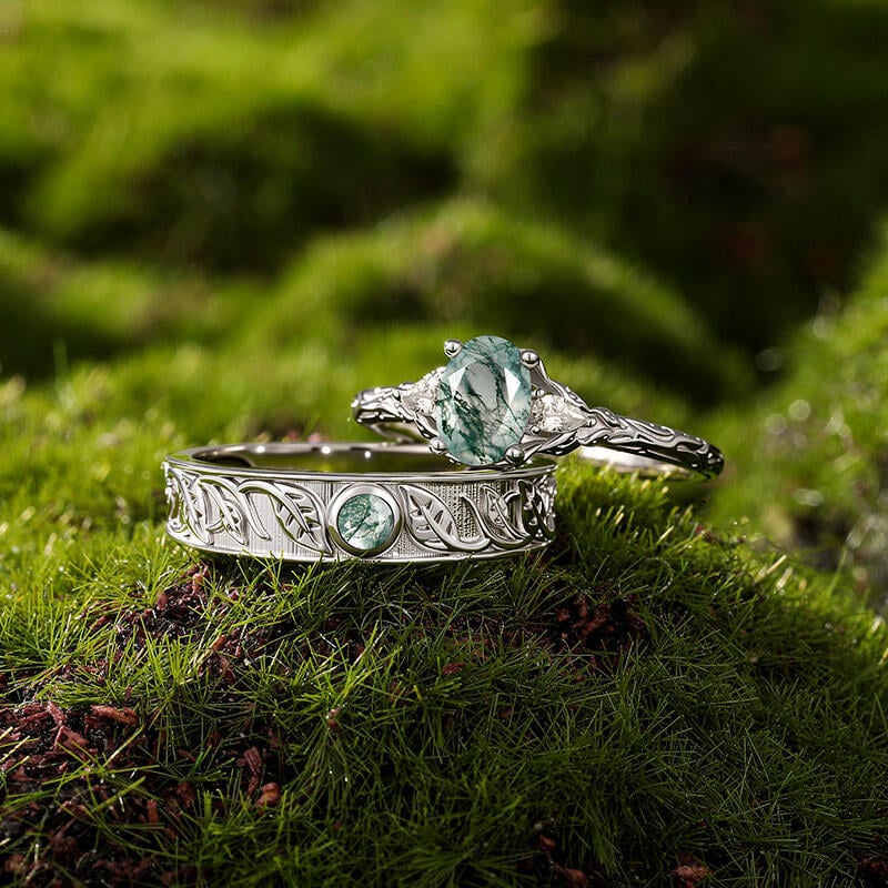Moss Agate Couple Rings Set