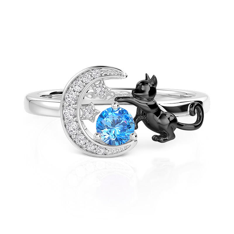 Jeulia Custom Black Cat Moon and Star Ring With Birthstone