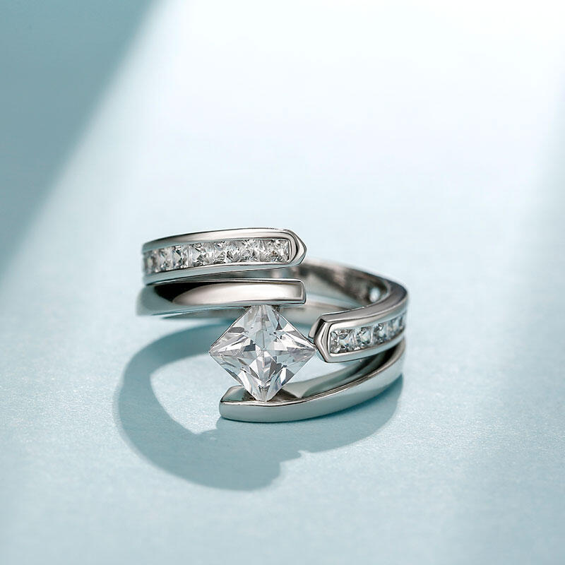 Jeulia Bypass Princess Cut Sterling Silver Ring Set