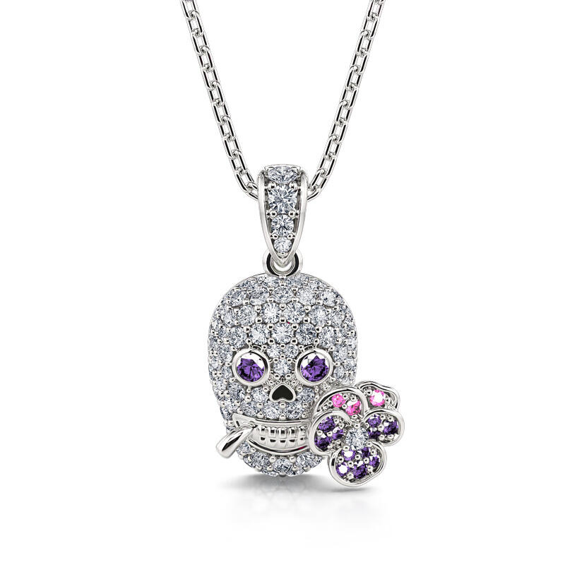 Jeulia "Forever Romance" Skull and Flower Sterling Silver Necklace