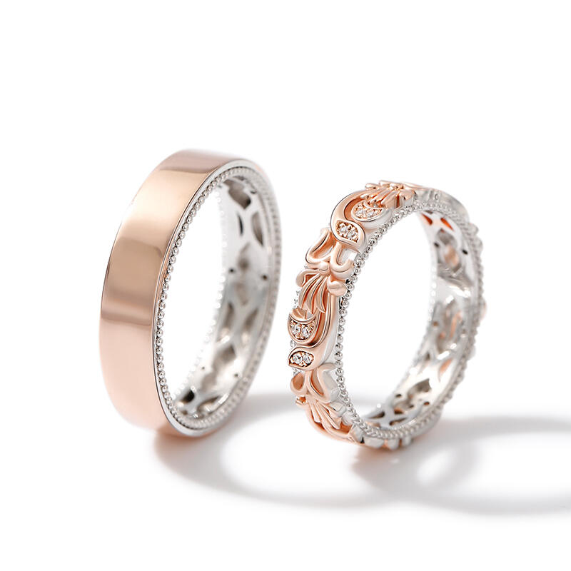Jeulia Bague Couple Duo Alliance Deux Tons Sculpté de Fleurs et Feuilles Unique en Argent Sterling