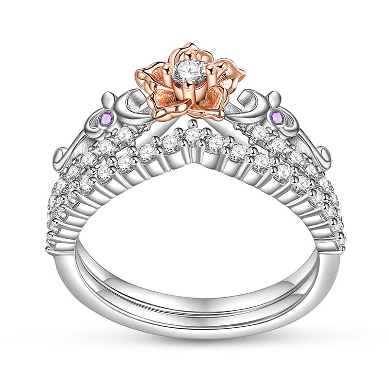 Jeulia Rose Gold Flower Promise Ring Set Two Tone Sterling Silver