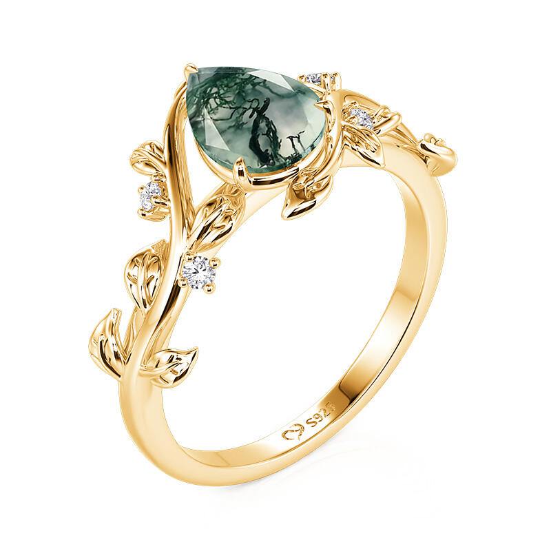 Jeulia Bypass Gold Pear Cut Moss Agate Engagement Ring
