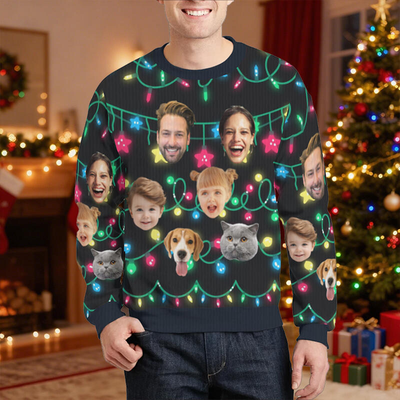 Personalisierter hässliche Weihnachtspullover Unisex Individuelles Gesichtsfoto Lichterkette Lustiges Design Weihnachtsgeschenk für die Familie