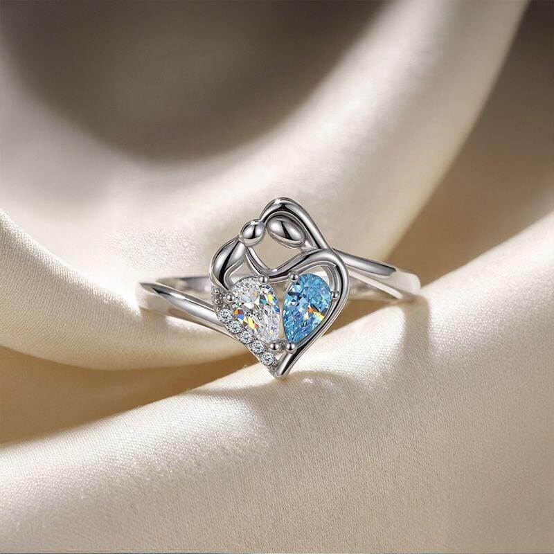 Jeulia Custom Mother-Child Heart Ring with Birthstone Engraving