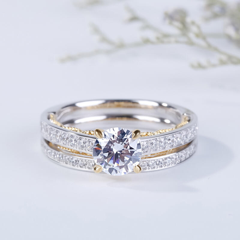 Jeulia Vintage Two Tone Scrollwork Round Cut Sterling Silver Ring Set