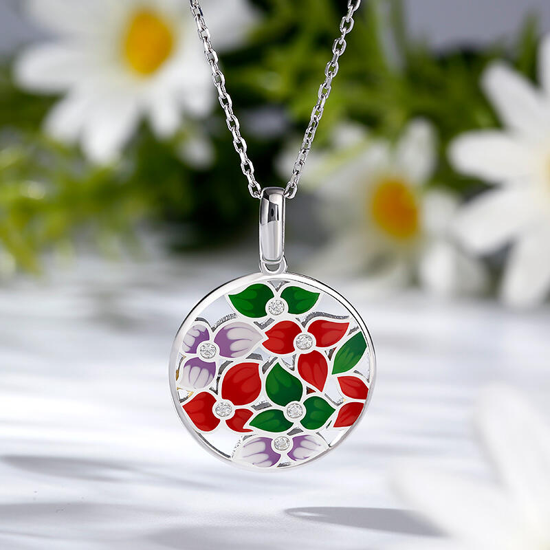 Jeulia Collar Mujer con Colgante Redondo de Flor de Plata Esmaltada