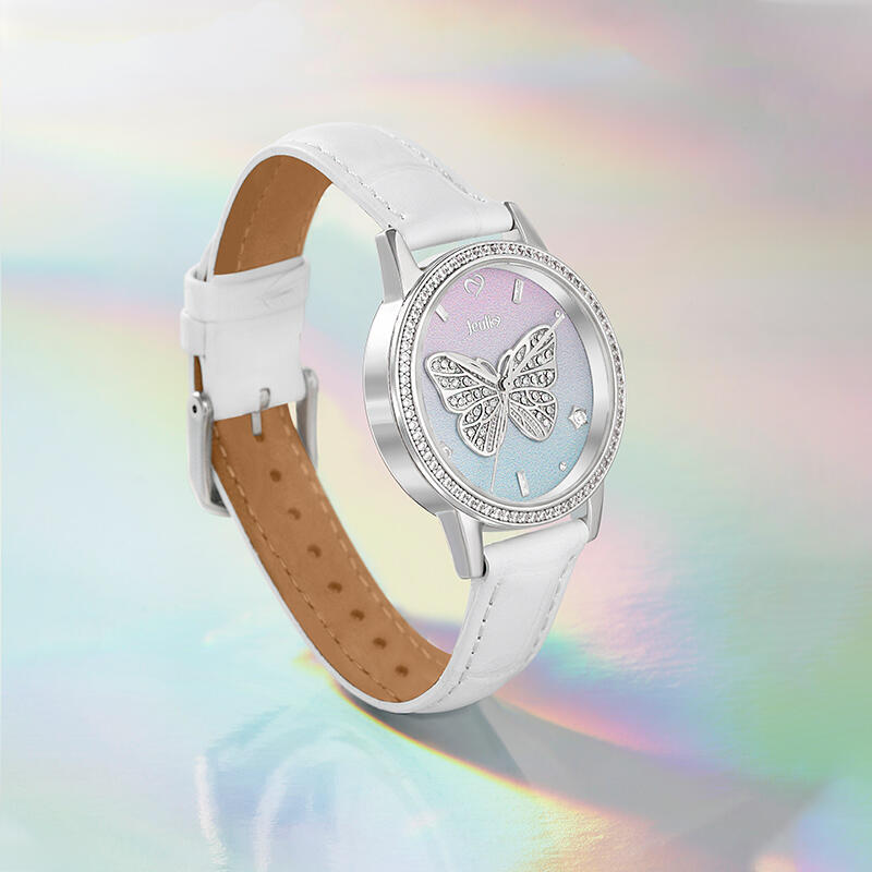 Jeulia "Dreamy Rainbow" Butterfly Design Quartz White Leather Watch with Ombre Dial
