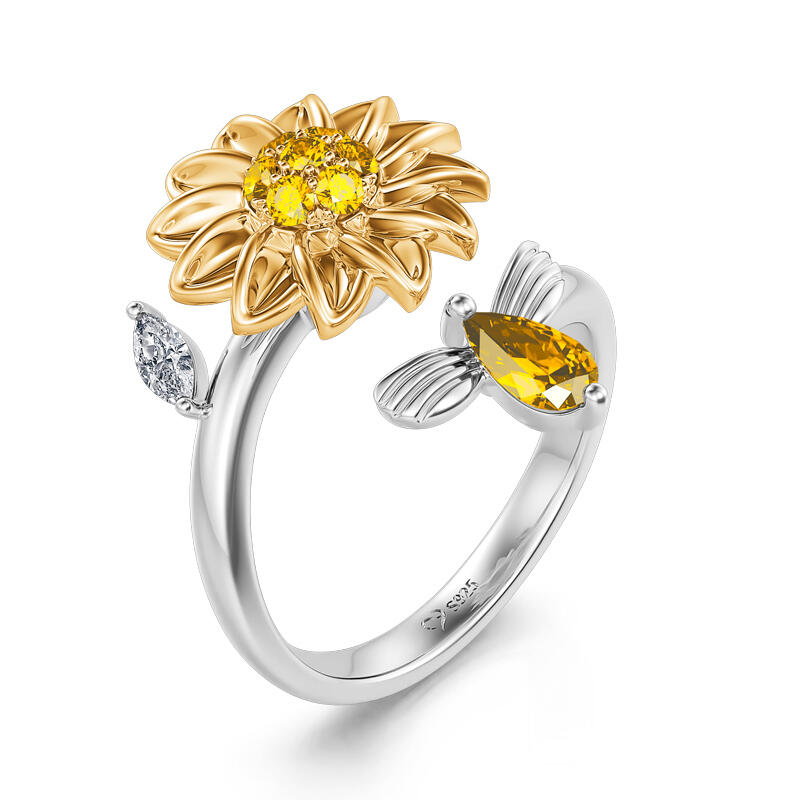 Jeulia "Rhythm of Life" Bee&Sunflower Sterling Silver Rotating Soothe Ring