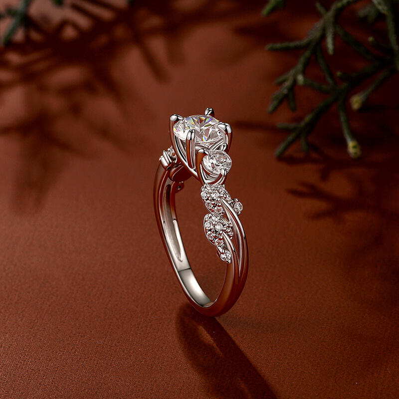 Jeulia Round Three-Stone Leaf Engagement Ring