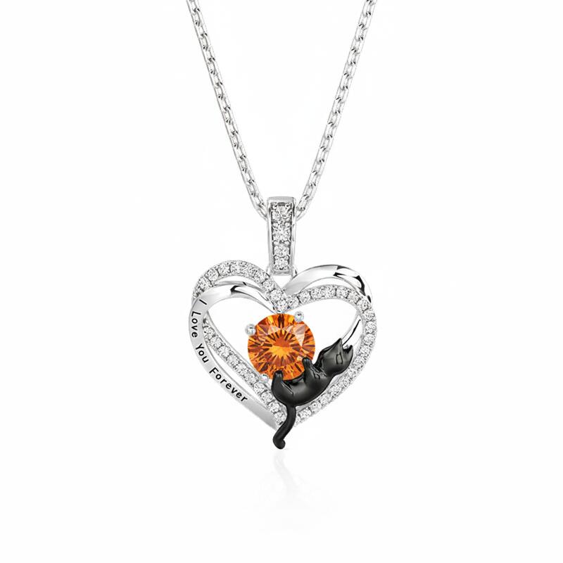 Jeulia Custom Black Cat Double Heart Necklace With Birthstone