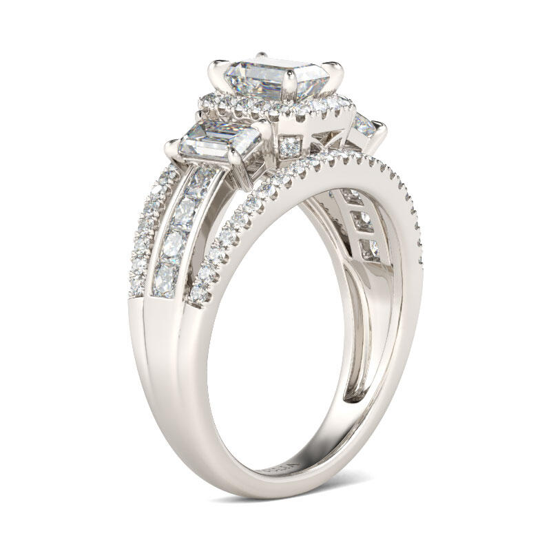Jeulia Three Stone Halo Emerald Cut Sterling Silver Ring