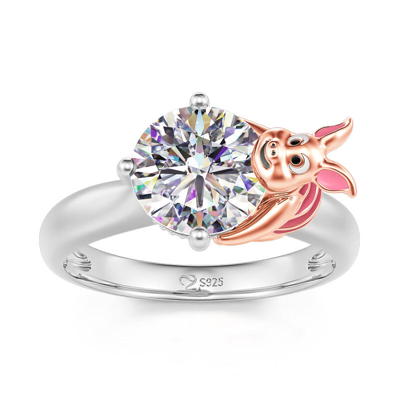 Jeulia Hug Me "Keep Innocence" Pink Pig Round Cut Sterling Silver Ring