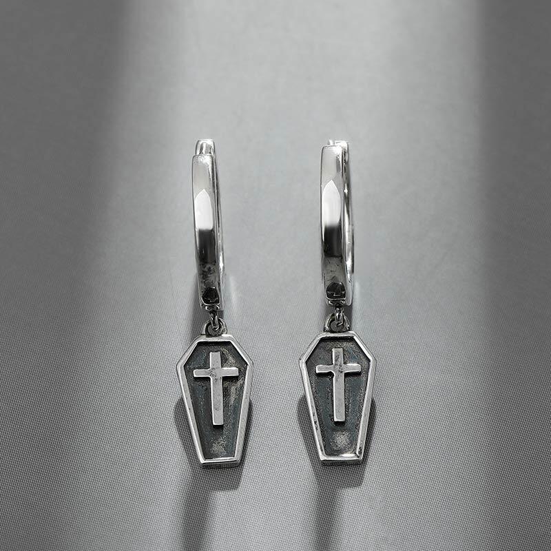 Jeulia Pendientes colgantes con una cruz en un ataúd de plata de ley