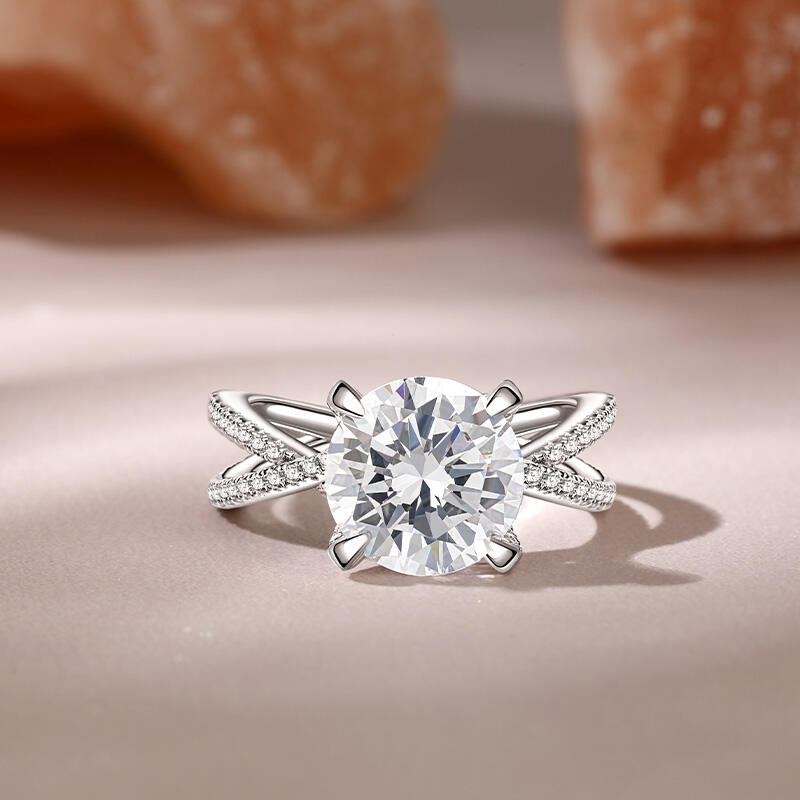 Jeulia Crossover Dual Shank Round Cut Sterling Silver Engagement Ring