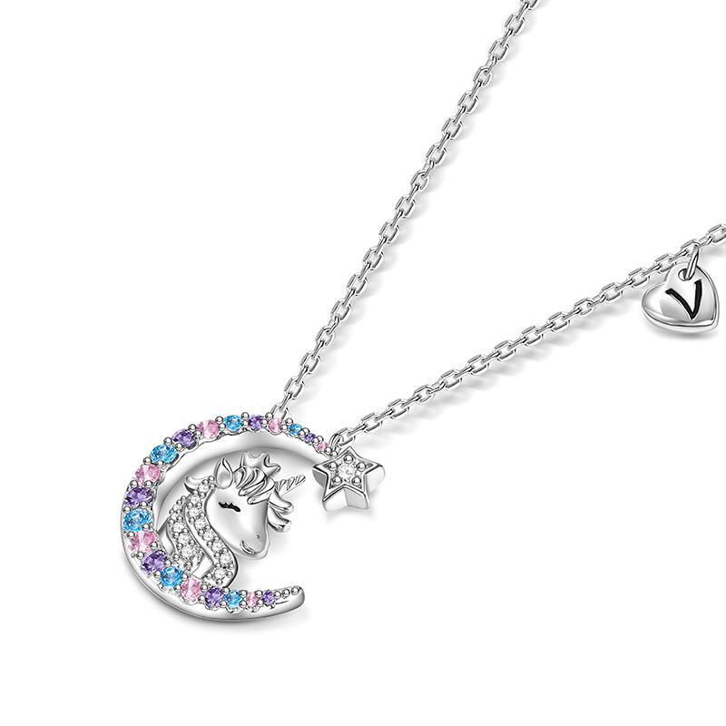 Jeulia 誕生石付きパーソナライズされたユニコーンムーンネックレススターリングシルバー