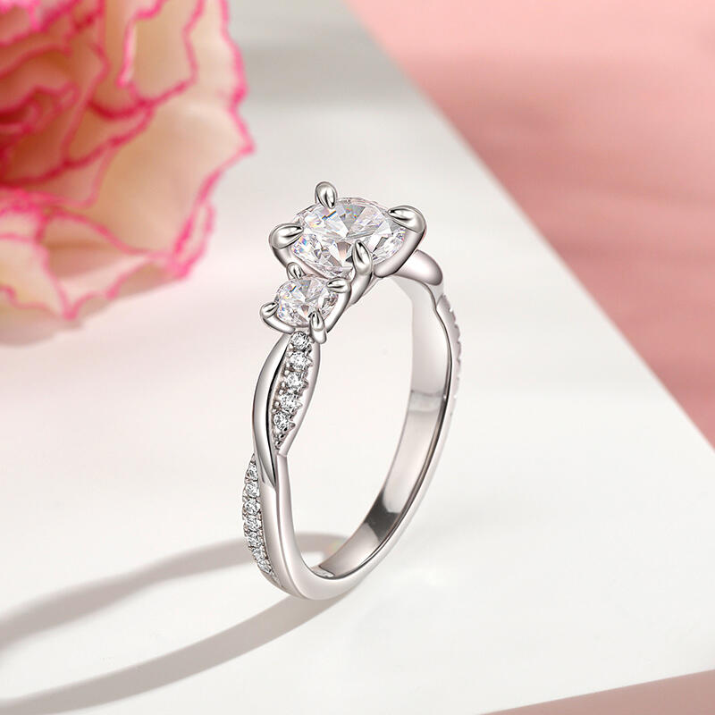 Jeulia Anillo Compromiso Tres Piedras Trenzado Corte Redondo Plata Esterlina