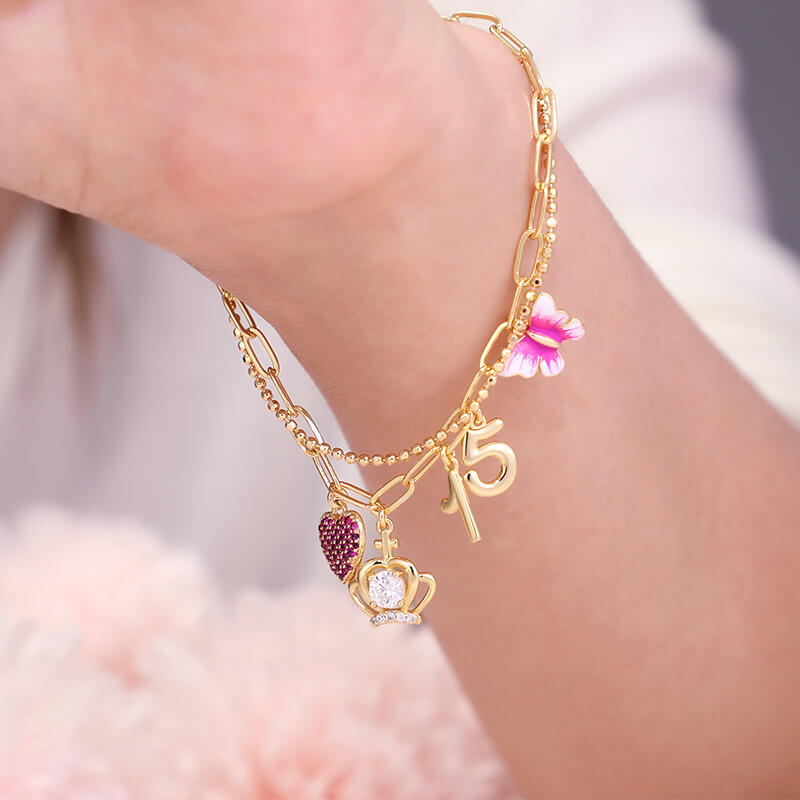 Jeulia "Shinning Day" Quinceañera 15th Enamel Charm Sterling Silver Bracelet