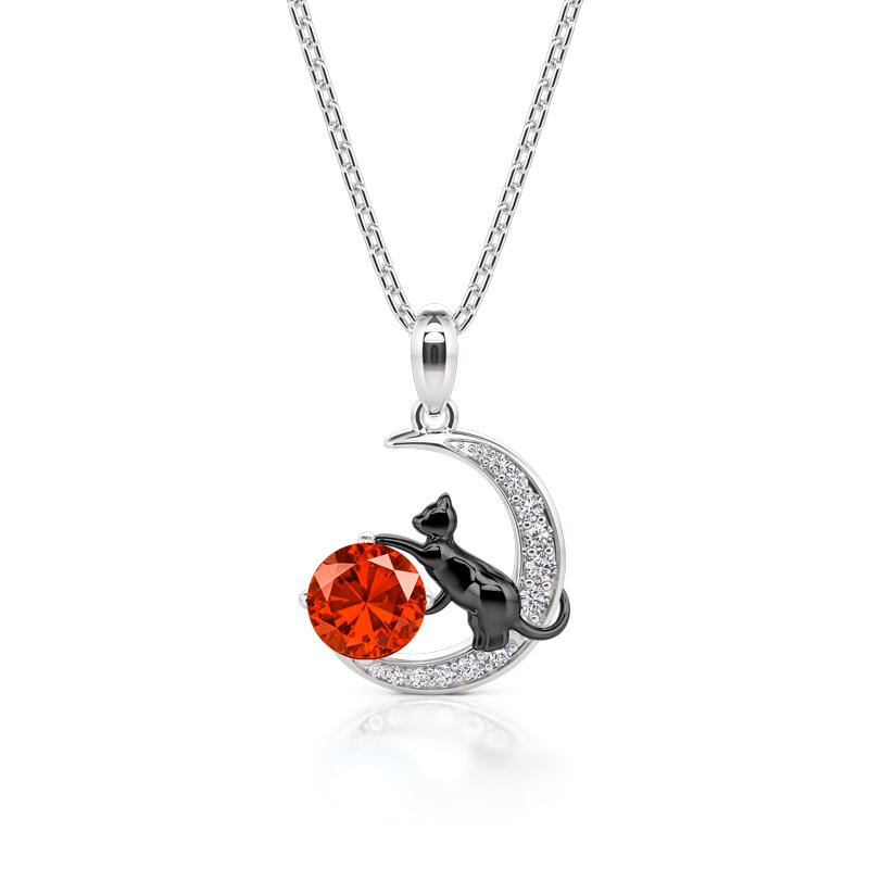 Jeulia Collar Personalizado con Gato Negro en la Luna con Piedra Natal de Plata Esterlina
