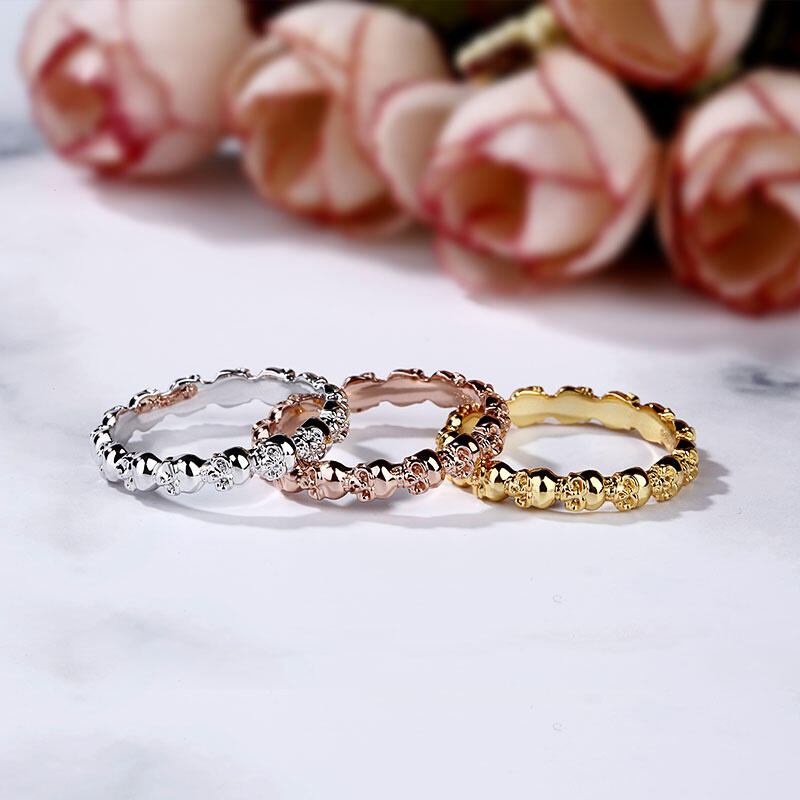 Jeulia Tri-Tone Stackable Sterling Silver Skull Ring Set