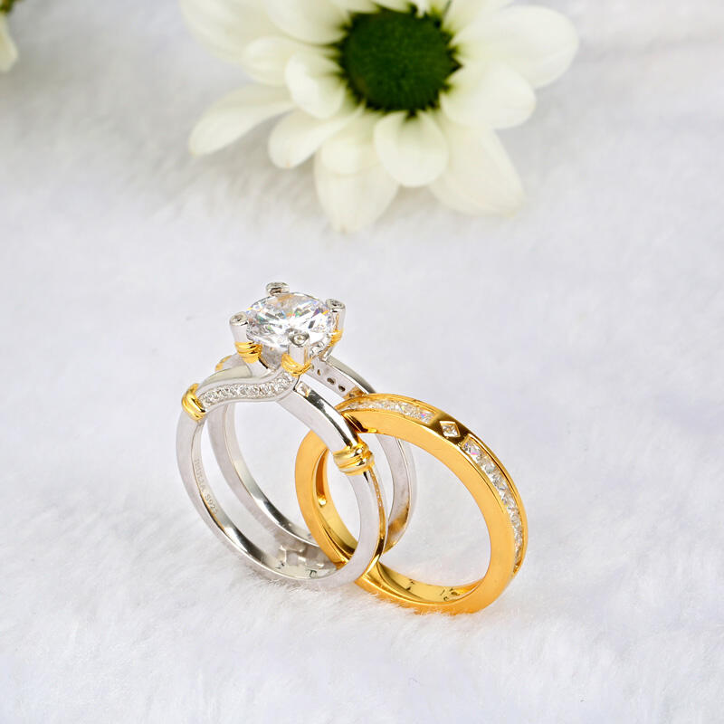 Jeulia Conjunto De Anillos Intercambiables Con Dos Tonos De Corte Redondo En Plata De Ley
