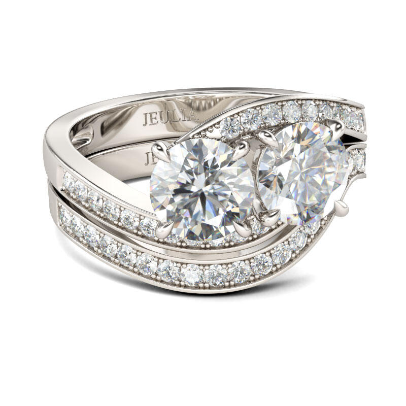 Jeulia Bypass Two Stone Round Cut Sterling Silver Ring Set