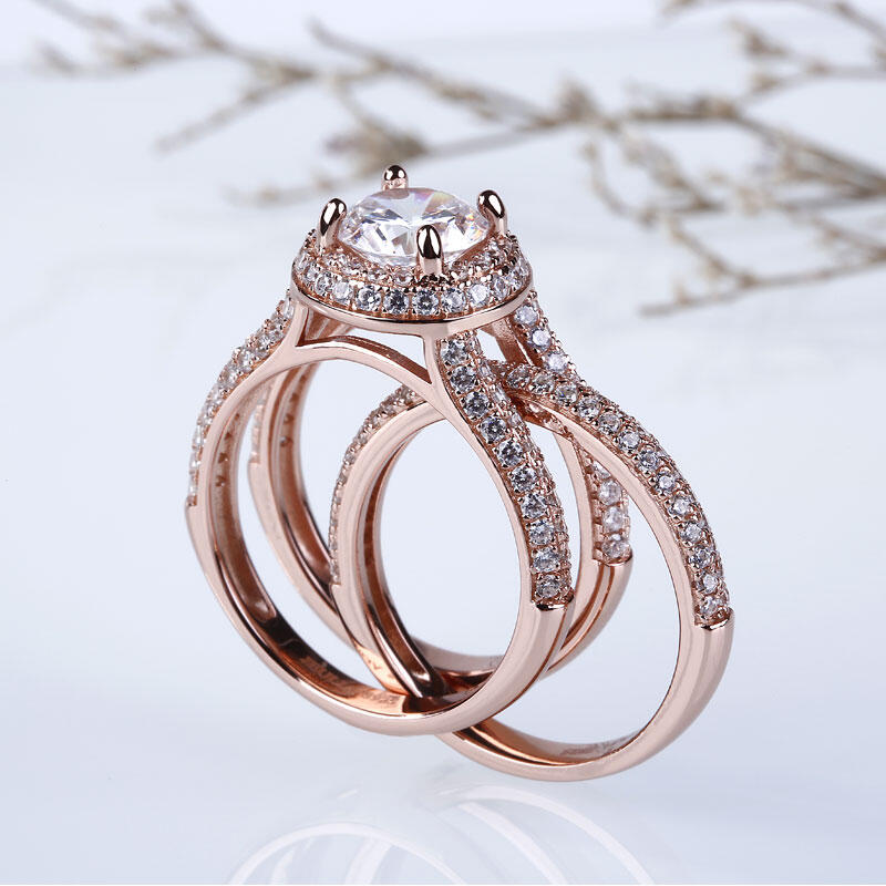 Jeulia Rose Gold Tone Halo Round Cut Sterling Silver Ring Set